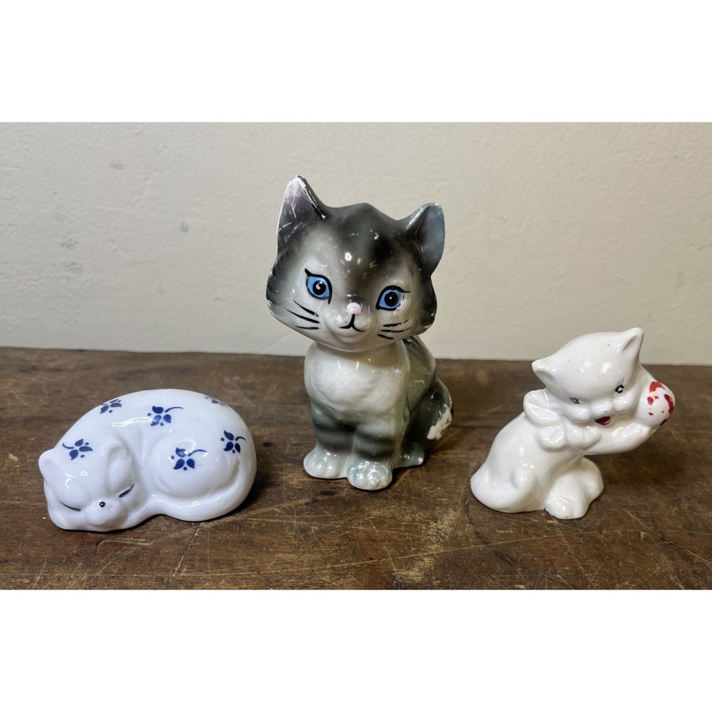 Lot Of 3 Vintage Kitten Cat Figurines Cute Kitsch Sleeping, Yarn, Sitting